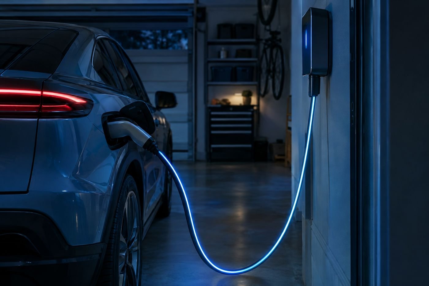 An electric car charging in a home garage at night