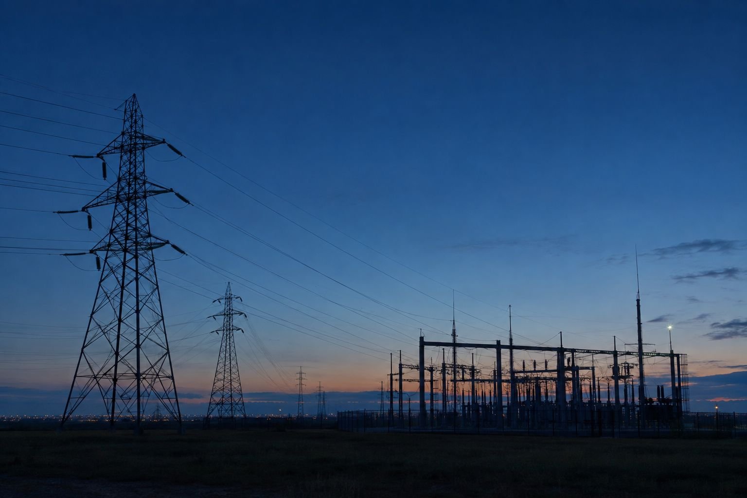 Transmission towers and a substation at dusk
