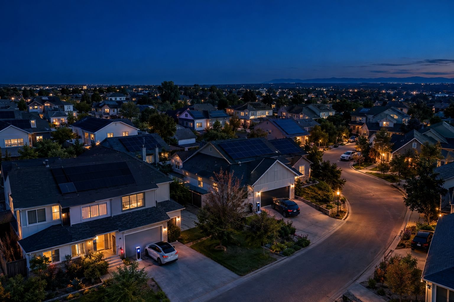 A suburban neighborhood with rooftop solar at dusk