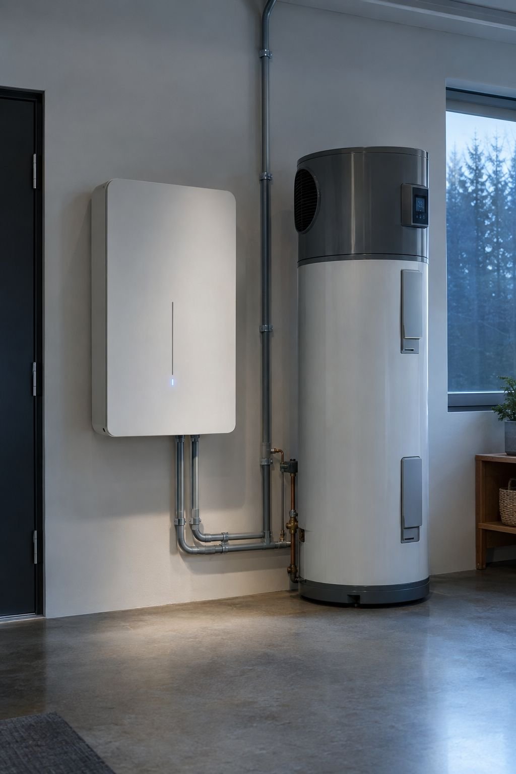 A wall-mounted home battery beside a heat pump water heater in a utility room